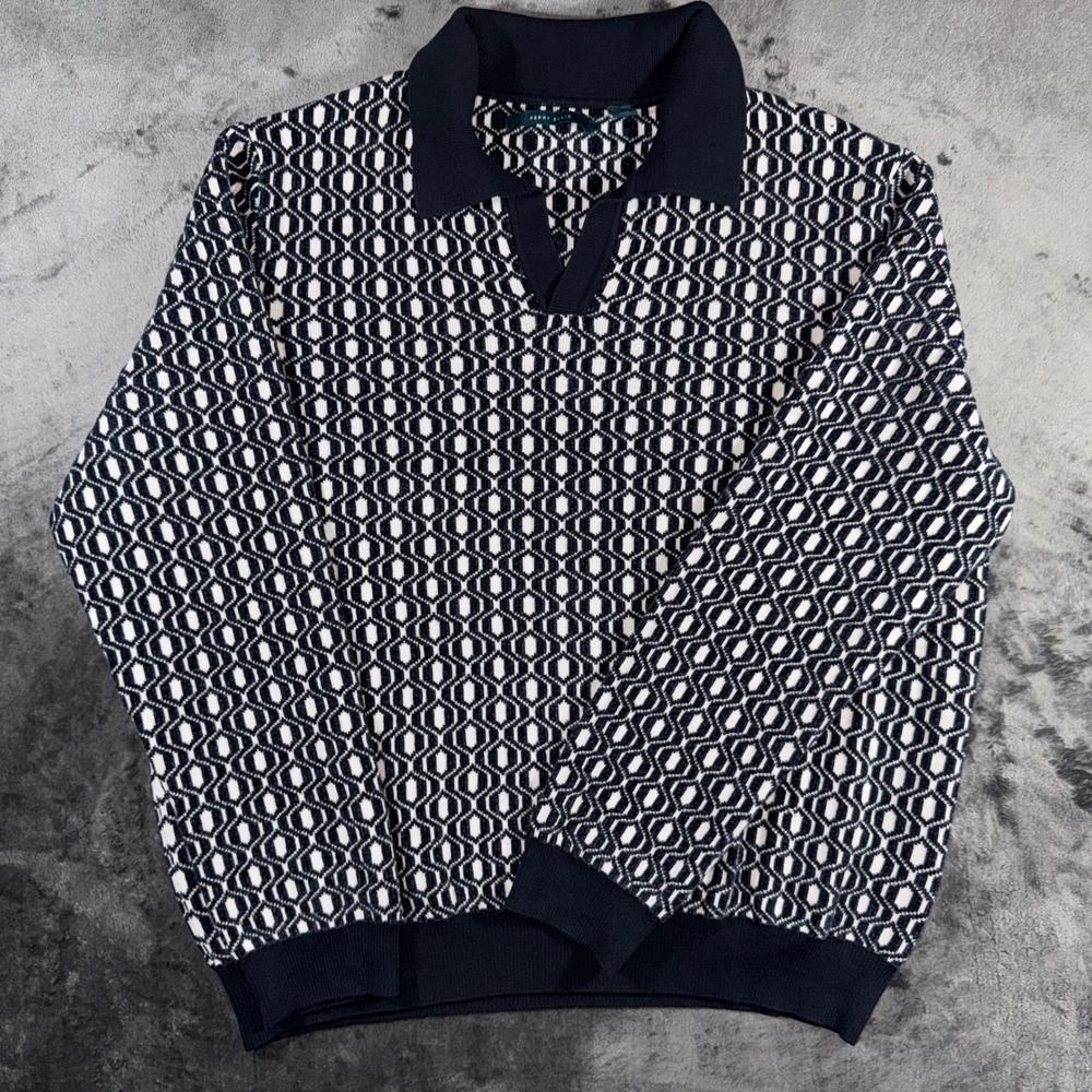 Perry Ellis Mens‎ XXL Navy Geometric Honeycomb Knit Polo Sweater PS52934